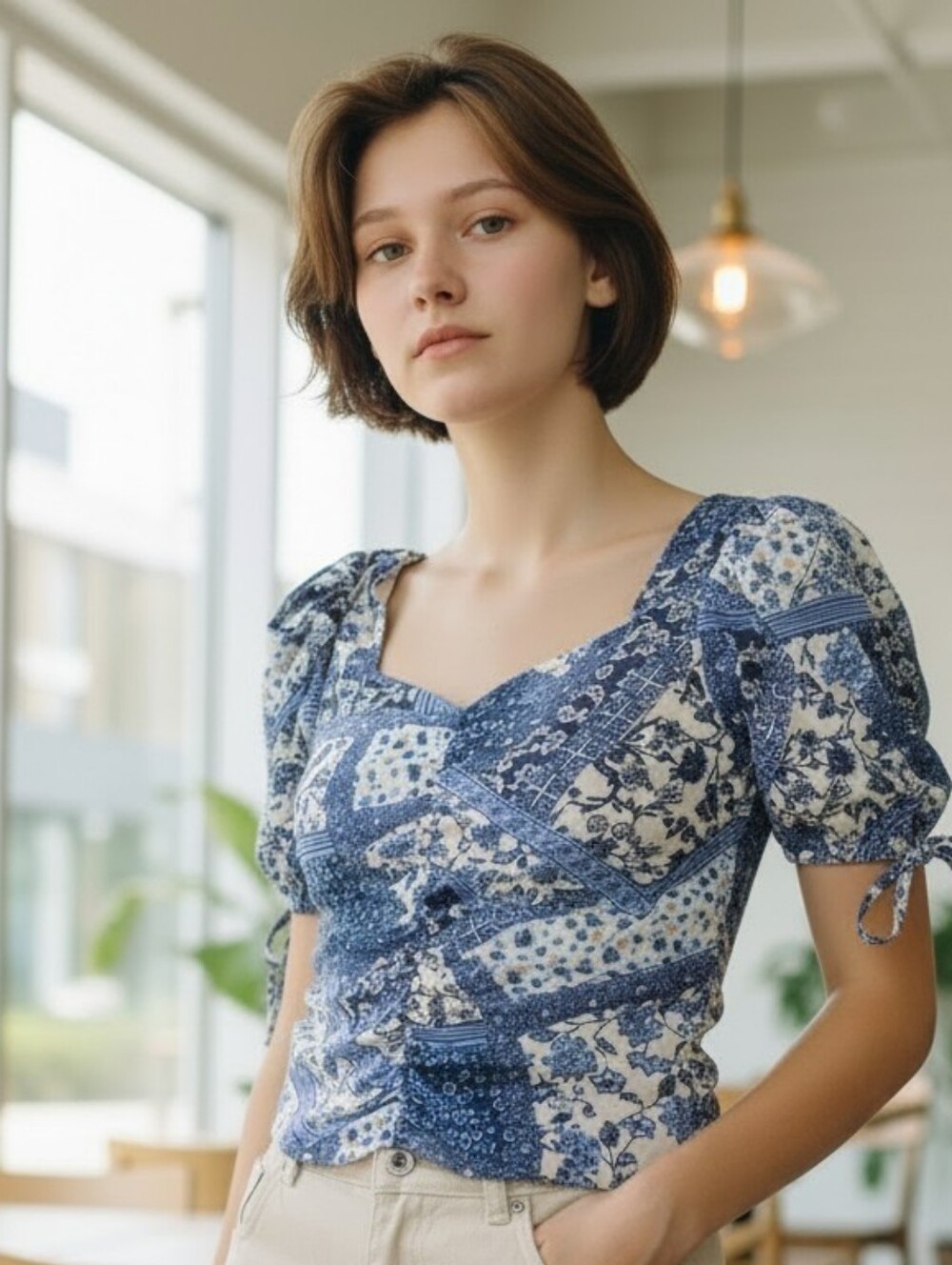 Blue Patchwork Floral Ruched Sleeve Top